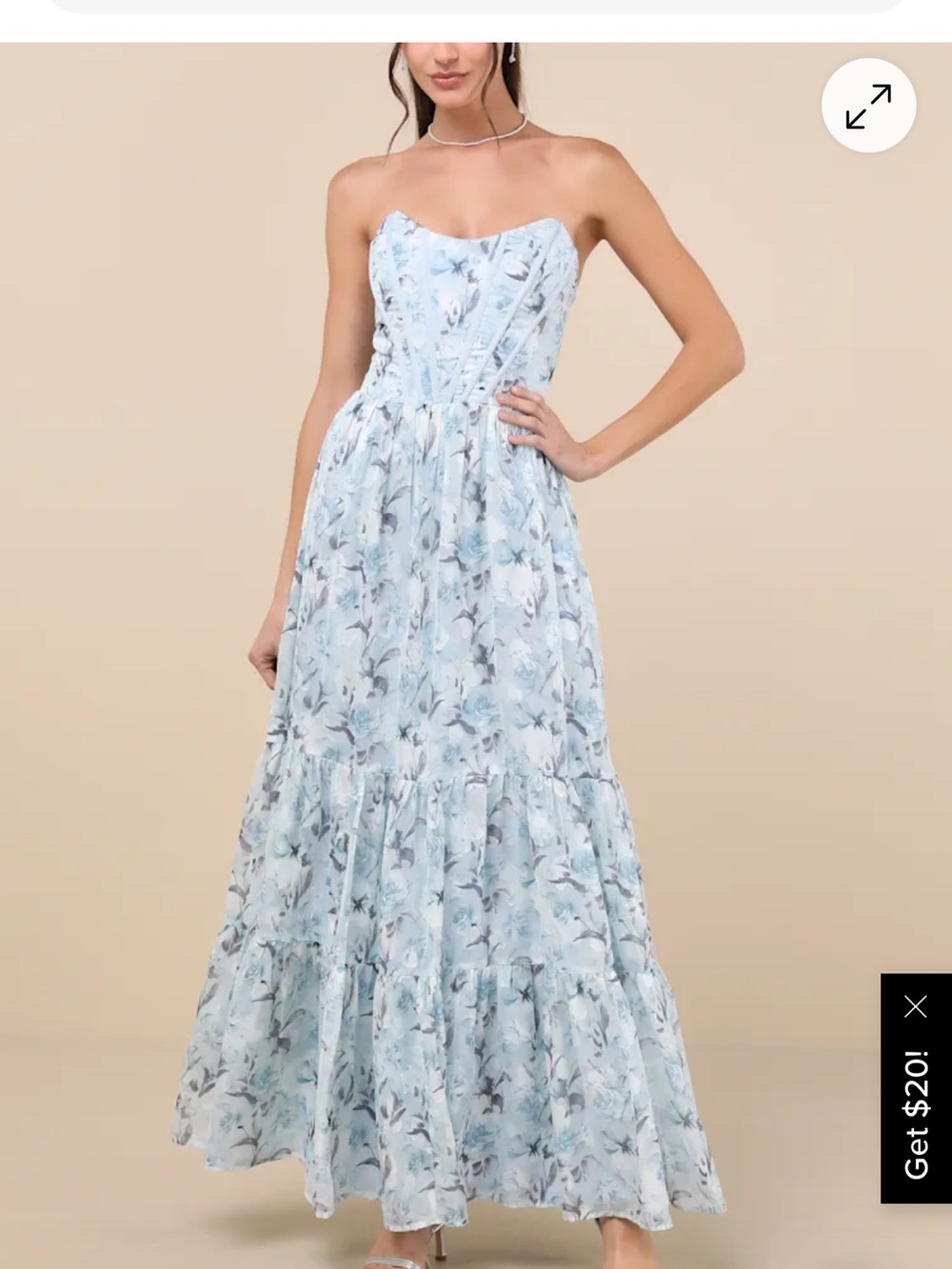 Lulus Special Moment light blue floral strapless bustier maxi dress